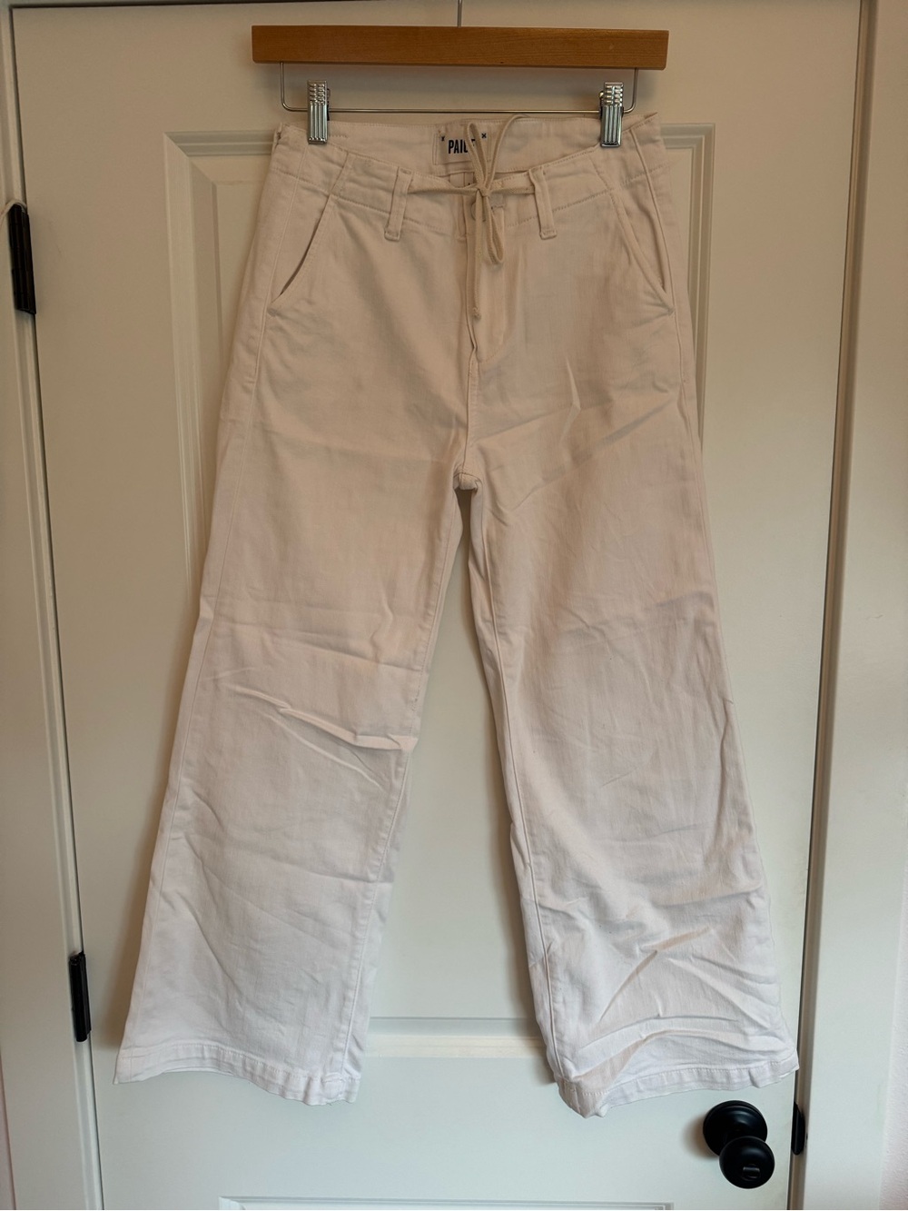 PAIGE Cream Wide-Leg Drawstring Jeans
